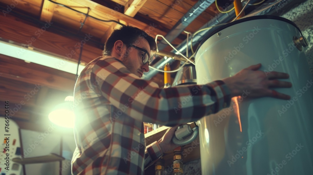 Poster a man working on a water heater in a garage. useful for home improvement projects