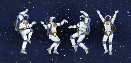 Space party. Retro astronaut dance funky disco music. Astronomy science. People with dream rocket. Cosmic dancers. Spaceman fun. Cosmonaut poses set. Vector spacecraft vintage background