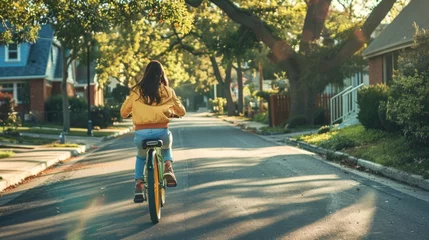 Poster A girl in a bright jacket and jeans rides a yellow bicycle. © Dusko