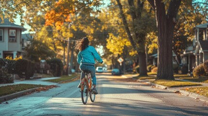 A girl riding a bicycle down the street
