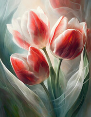 Abstract wallpaper with red and white beautiful blooming tulips.