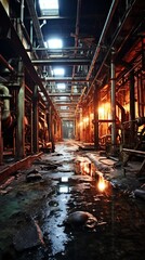 An eerie abandoned factory building with water on the floor reflecting the lights above - obrazy, fototapety, plakaty
