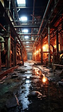 An eerie abandoned factory building with water on the floor reflecting the lights above