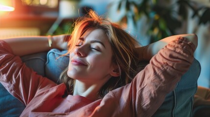 A woman laying on a couch with her eyes closed. Suitable for relaxation and wellness concepts - obrazy, fototapety, plakaty