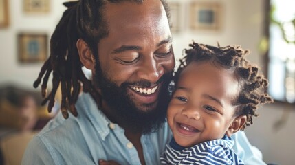 A joyful African American father holding his toddler son
