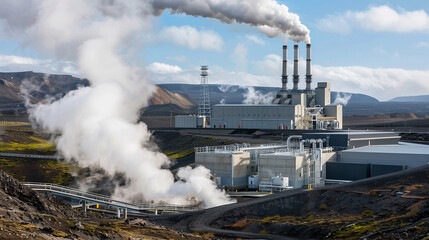 Majestic Geothermal Power Plant amidst Steamy Landscape