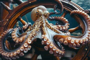 Obraz premium A curious octopus sitting on a wooden wheel. Perfect for marine and nautical themes