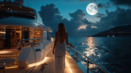 A wealthy socialite attending a glamorous yacht party,  dancing the night away under the moonlit sky surrounded by luxury