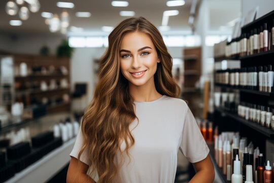 portrait of a beautiful young woman with long brown hair smiling in a beauty salon