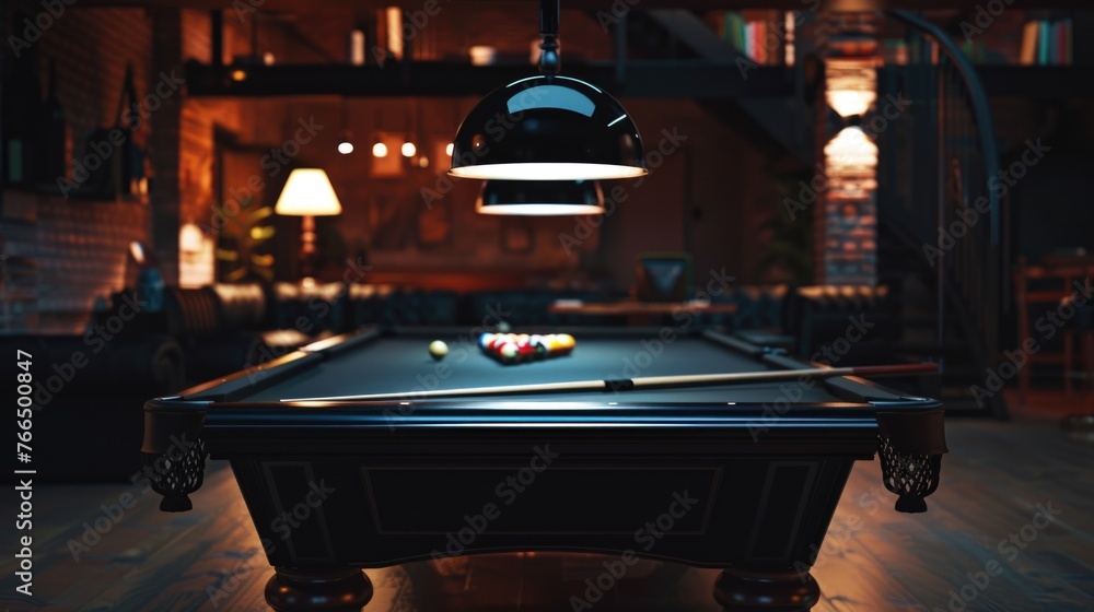 Poster a pool table with a single pool ball. suitable for sports or leisure concepts