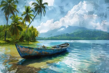 Naklejka na ściany i meble Traditional fishing boat anchored in serene tropical lagoon, simple living, idyllic scene, digital painting