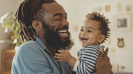 A young African American father with dreadlocks holding his son and laughing - obrazy, fototapety, plakaty