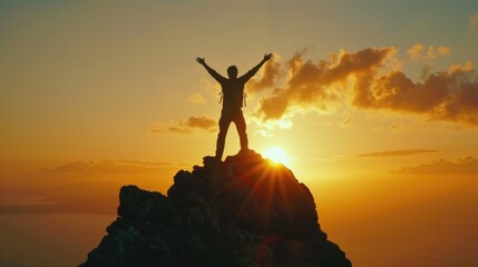 A man standing on top of a mountain at sunset. Perfect for inspirational and motivational content - obrazy, fototapety, plakaty