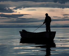 A fisherman named Alex, silhouetted against a twilight sky, launching his boat into a serene, mysterious sea, filled with anticipation and solitude - obrazy, fototapety, plakaty