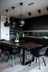 Modern black kitchen interior with wooden table and chairs. Perfect for home decor websites