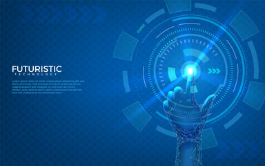 Future concept. Futuristic technology. Abstract information touch screen. Hand pushing button. Tech interface for business connect. Data science. Neon blue light. Vector media system