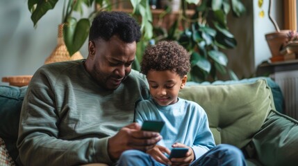 Father and son are seated comfortably on a sofa in a bright, well-lit living room, both looking at a smartphone - obrazy, fototapety, plakaty