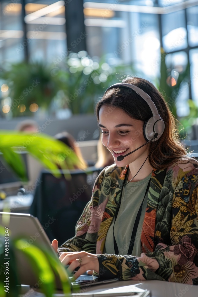 Poster woman sitting at a table with a laptop and wearing a headset. suitable for business and remote work 
