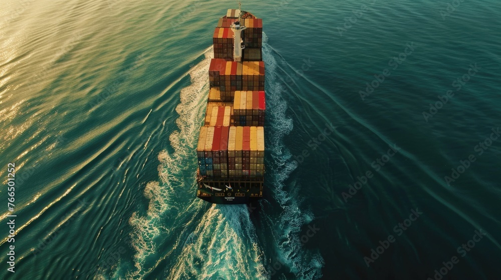 Poster A large container ship navigating the open sea. Ideal for transportation and shipping concepts
