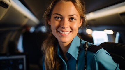 Portrait of a smiling young female pilot in uniform sitting in the cockpit of an airplane