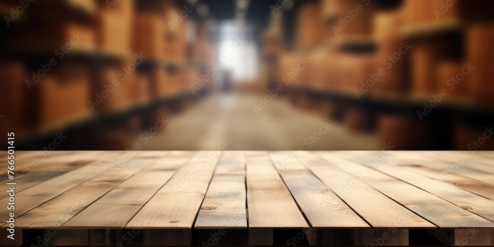 Poster the empty wooden table top with blur background of warehouse storage. exuberant image. generative ai