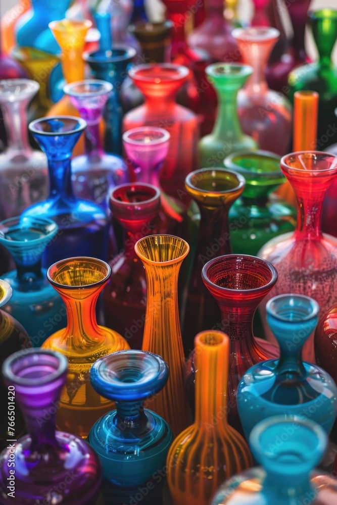 Poster various colored glass vases displayed on a table. ideal for home decor concepts