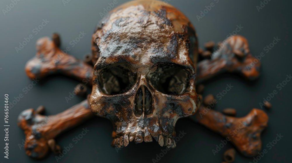 Poster Detailed view of a skull and crossbones on a table, suitable for various designs