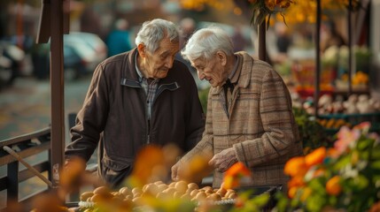 Two seniors picking fruit on a bustling farmer's market