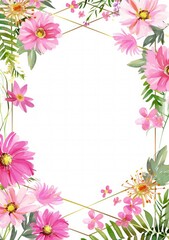 Fototapeta premium Elegant wedding invitation card pink and green floral frame. pink flowers, yellow leaves, pink roses, purple daisies, red chrysanthemums and green ferns in a watercolor style. 