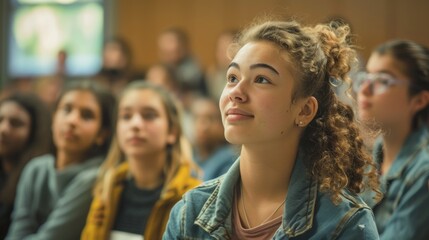 A young girl with a smile on her face sits in a university lecture hall