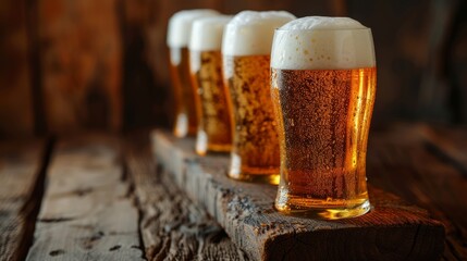 Four glasses of draft beer on a wooden plank with a blurred background - obrazy, fototapety, plakaty