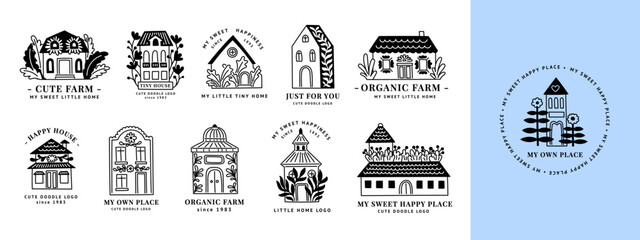 Home logo. Hand cabin farm with little tree decor, village garden and woods barn, tiny interior, doodle forest, flowers and leaves. Cute tiny village. Cozy logotype design. Vector real estate icons