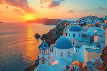 Santorini Elegance: Sunset Over Iconic Blue Domes