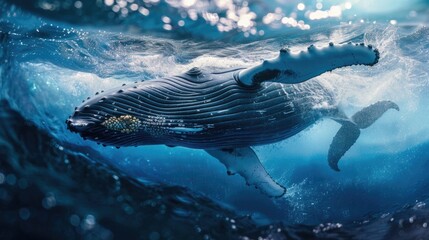 A majestic humpback whale swimming gracefully underwater. Perfect for nature and marine life themes