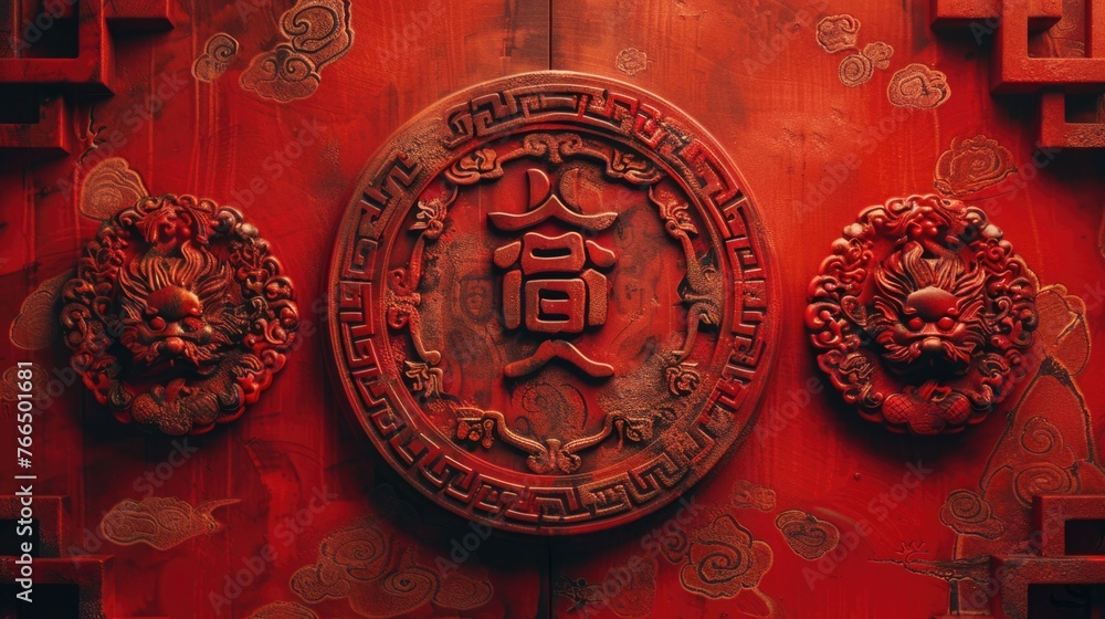 Poster a red wall with a plaque, suitable for various design projects