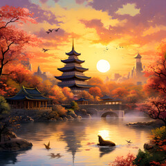 Magical Sunset Over the Ancient Asian Pagoda: A Fusion of Architecture and Nature's Splendor