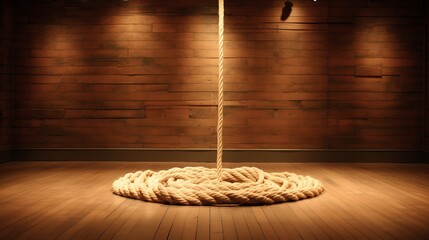 rope art installation in a wooden room - obrazy, fototapety, plakaty