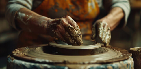 Person creating clay pot on potter's wheel. Great for craft or art concepts - obrazy, fototapety, plakaty