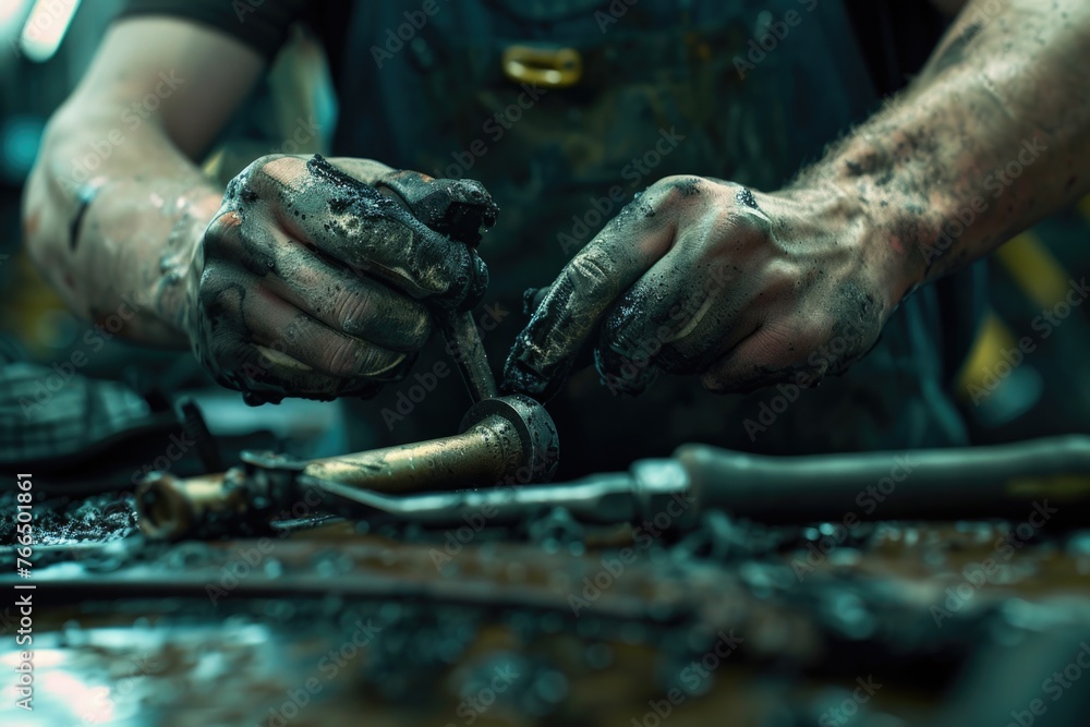 Wall mural close up of a person working on metal, suitable for industrial concepts