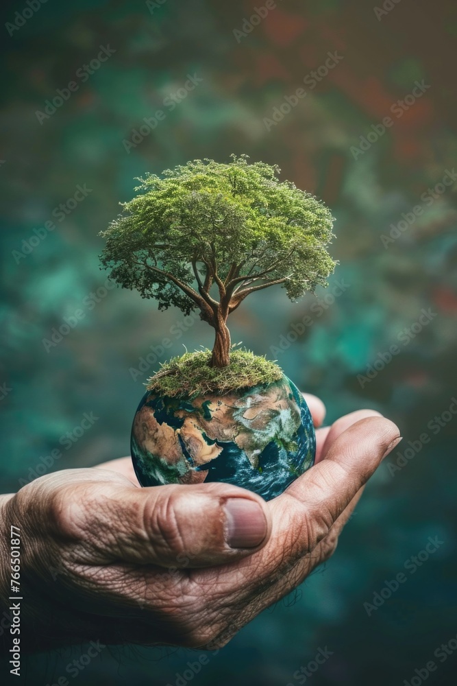 Poster a person holding a small tree on top of a globe. suitable for environmental concepts