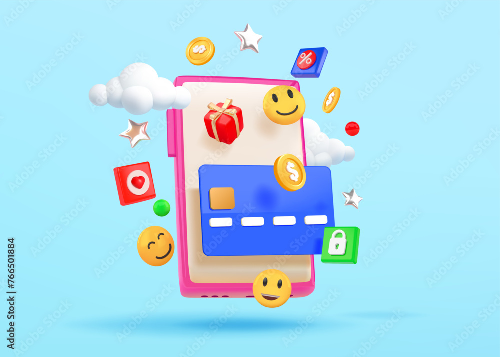 Poster online shopping. 3d smartphone. internet payment. discount promotion. sale in phone. mobile applicat