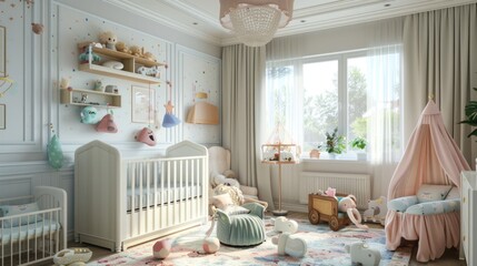 A cozy baby's room with a crib, rocking chair, and crib bed. Ideal for nursery decor - obrazy, fototapety, plakaty