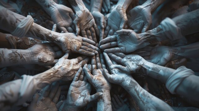 A group of people with their hands in a circle. Suitable for teamwork and unity concepts