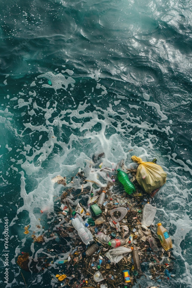 Poster a bag of garbage floating on a body of water, suitable for environmental themes