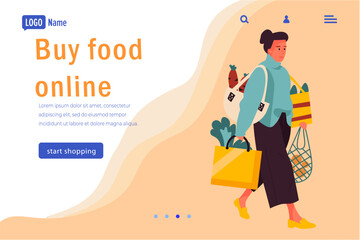 Online shopping landing page. Internet food market. Woman buying grocery products. Website template. Store sale. Digital supermarket order. Customer carrying bags. Vector background