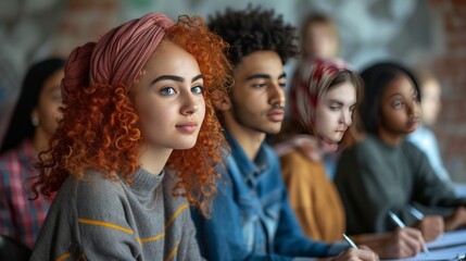 Fototapeta premium A group of diverse students sitting in a classroom