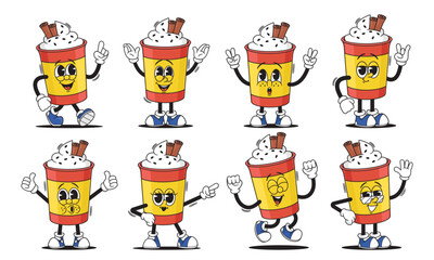 Lively Animation Set Featuring Cartoon Groovy Coffee Cup Overflowing With Froth Isolated On White Background