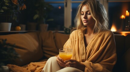 A relaxed woman in a bathrobe is sitting on a couch and holding a glass of orange juice. - obrazy, fototapety, plakaty