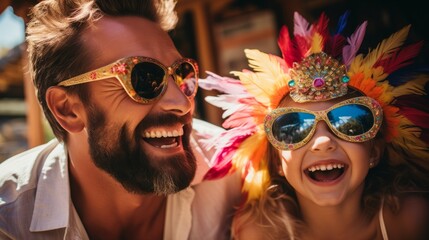 Father and daughter wearing funny glasses and laughing - obrazy, fototapety, plakaty