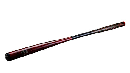 A vibrant red and black baseball bat rests gracefully on a stark white background